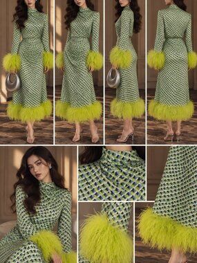 Rachel Gilbert Pietro Graphic Print Ostrich Feather Midi Dress AU1/US4 NWT